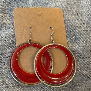 Bold Red Hoop Drop Earrings with Silver-Tone Rings